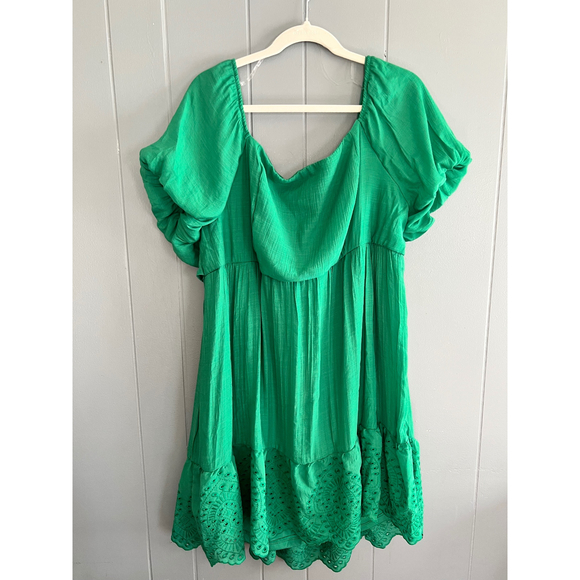 Green‎ Eyelet Mini Dress 3XL Puff Sleeve Flounce Hem Boho Summer Skater Style - Picture 1 of 14